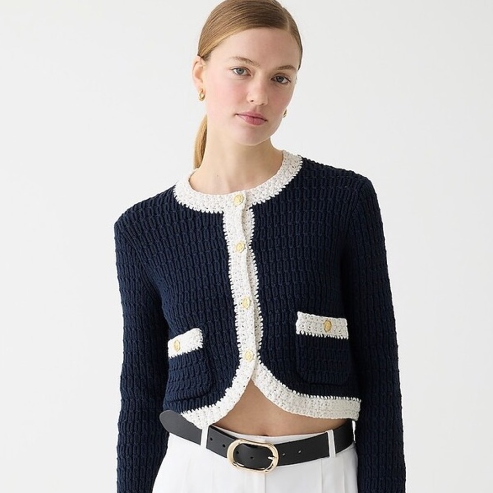 J crew Cropped sweater lady jacket with contrast trim cardigan navy blue gold